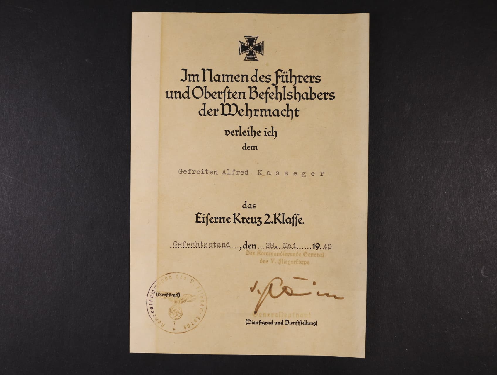 Dekret na Železný kříž II. stupně 1939