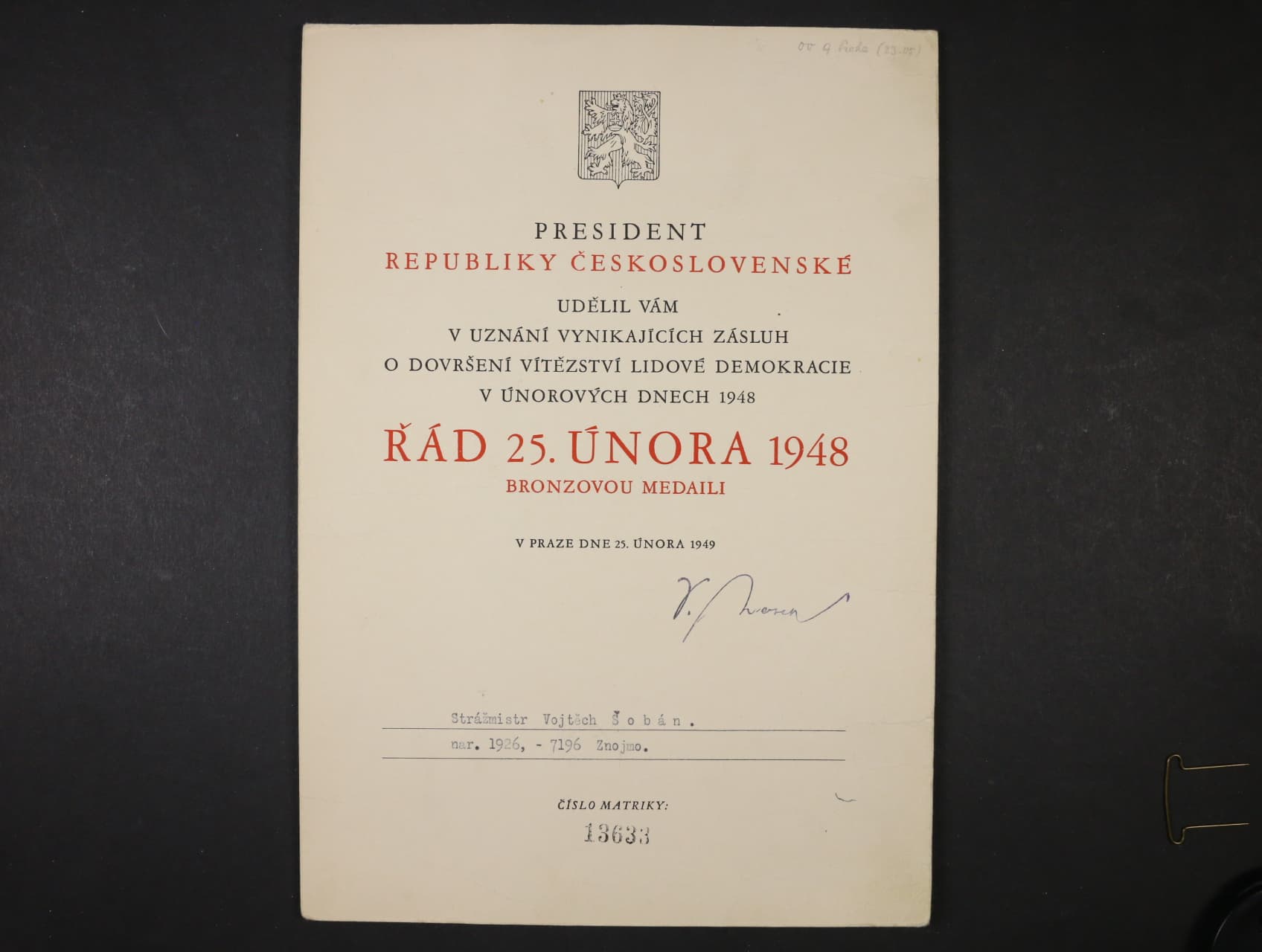 Dekret k bronzové medaili Řádu 25. února