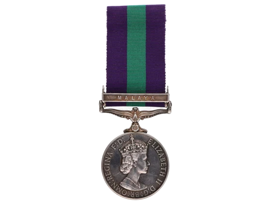 Medaile za všeobecnou službu, se štítkem MALAYA, V. typ, vydání 1952-1954, na hraně opis S/23145773 PTE. A.E.LONG R.A.S.C.