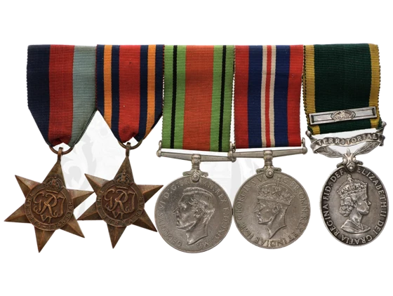 Spona vyznamenání, na všech medailích opis 763670 BDR J.GIBSON R.A.