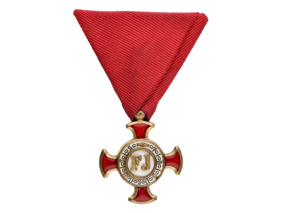 Zlatý Záslužný kříž, na kroužku značka výrobce Bachruch Budapest a hvězdička, pozlacený bronz, smalty, původní stuha, k tomu pamětní litografický tisk s ručně dopsaným jménem nositele, 53x39 cm